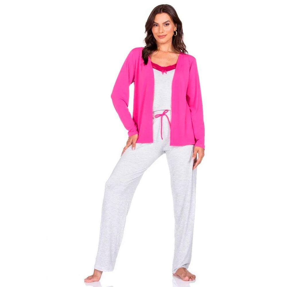 Pijama Longo Feminino Em Malha Com 3 Peças Regata, Cardigã e Calça Inverno Thay