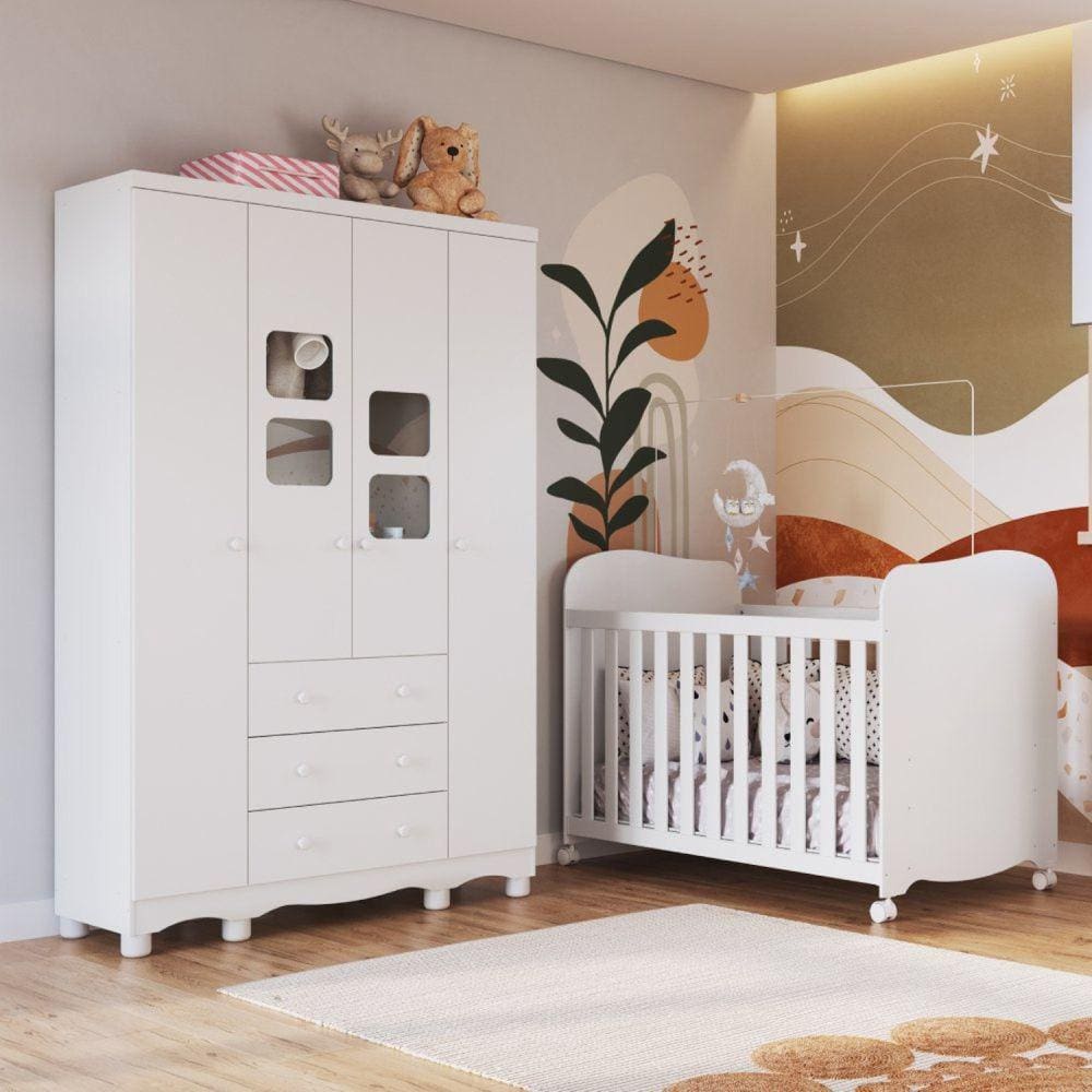 Conjunto Quarto de Bebê Completo com Berço Americano e Guarda Roupa 4 Portas com Janelas Mimo Espresso Móveis Branco Brilho
