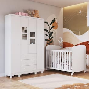 Conjunto Quarto de Bebê Completo com Berço Americano e Guarda Roupa 4 Portas com Janelas Mimo Espresso Móveis Branco Brilho