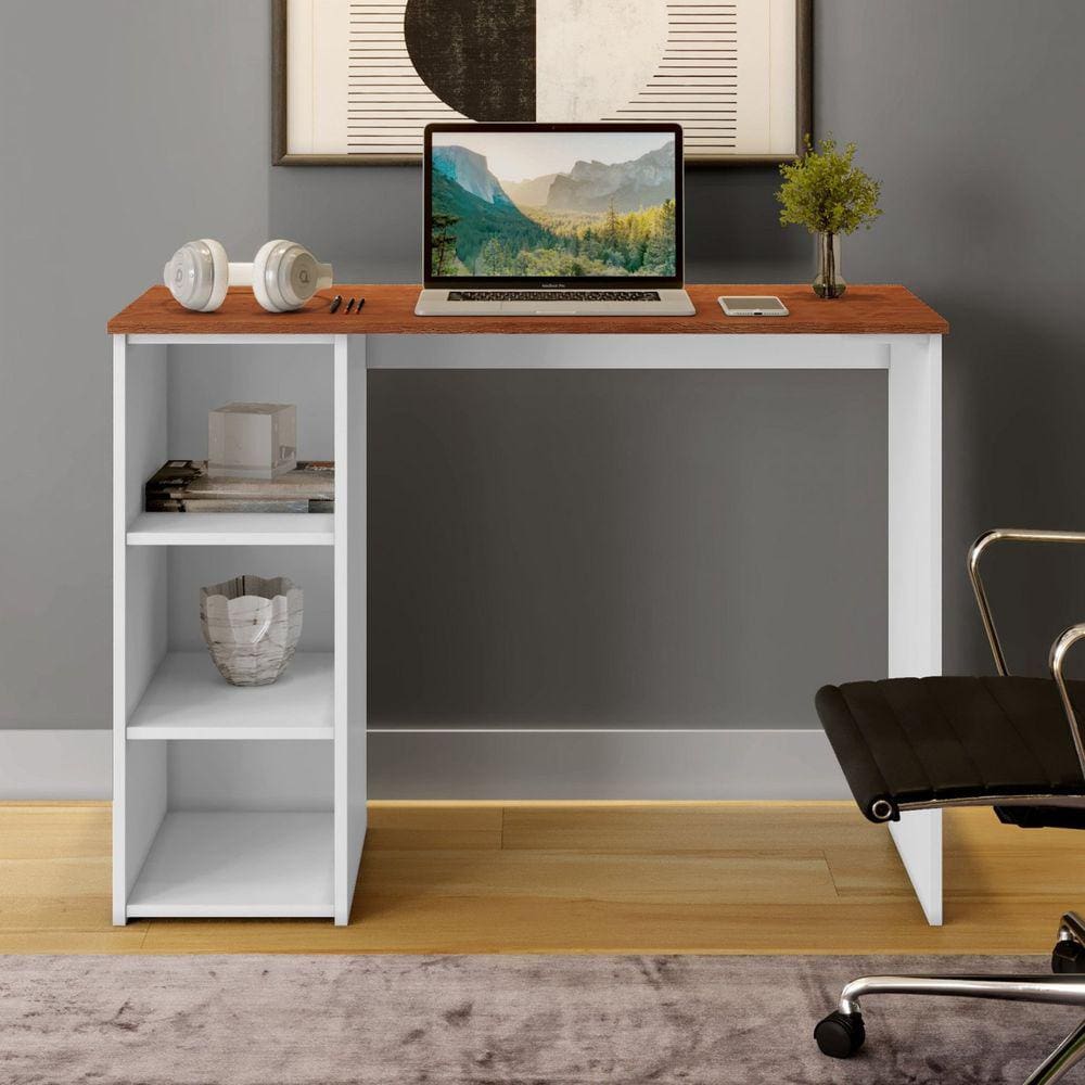 Escrivaninha Multifuncional 4 Nichos 100cm Aloha Yescasa Canela/Branco
