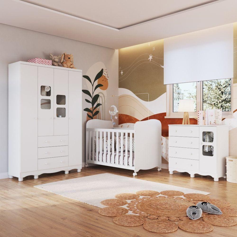 Conjunto Quarto de Bebê Completo com Berço Guarda Roupa e Cômoda com Janelas Mimo Espresso Móveis