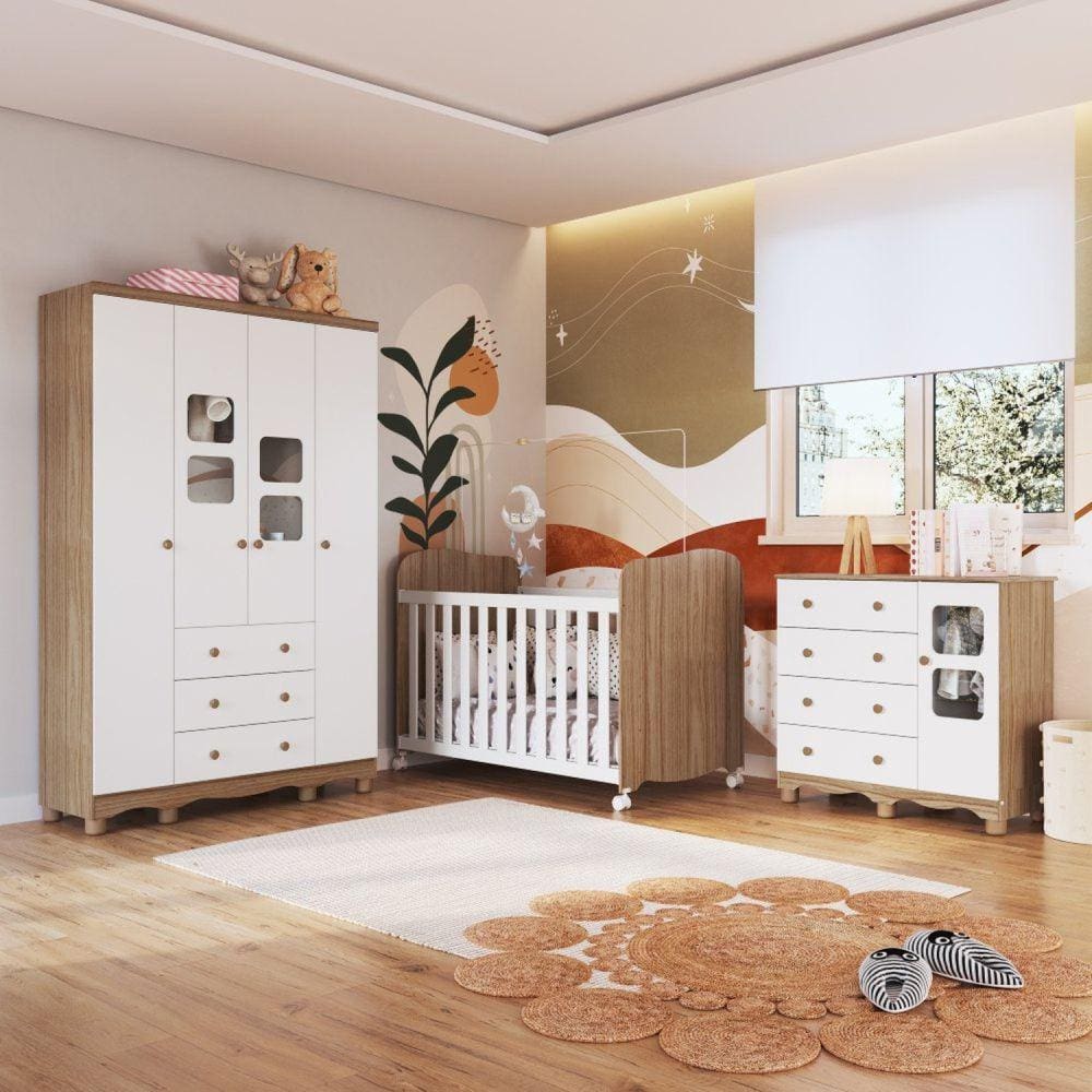 Quarto de Bebê Berço Mini Cama com Capitone Harmonia e Cômoda 1 Porta 4  Gavetas Encanto Permobili Nature/Branco - Nature/Branco Harmonia