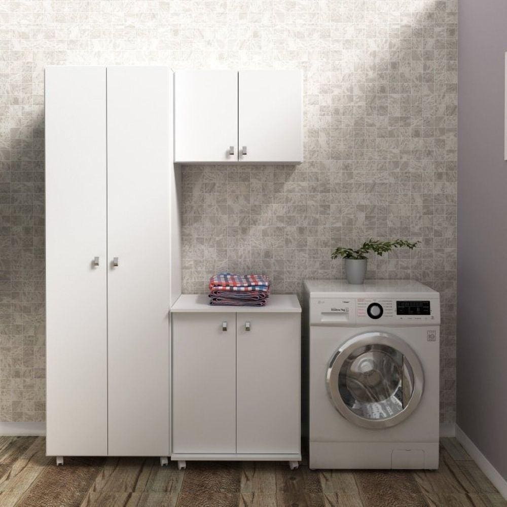 Conjunto Lavanderia Multiuso 3 Peças 1 Armário Multiuso 1 Balcão 1 Armário Aéreo AM3104 Tecno Mobili Branco