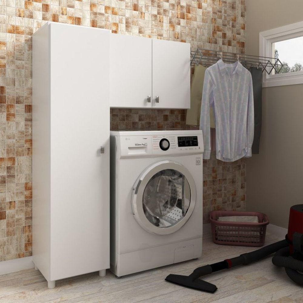 Conjunto Lavanderia Multiuso 2 Peças 1 Armário Aéreo AM3104 1 Armário Multiuso AM3107 Tecno Mobili Branco