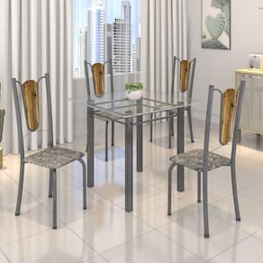Conjunto de Mesa Tubular 75x75cm Tampo de Vidro com 4 Cadeiras Júlia Soma Móveis Cisal/Martelado Prata/Incolor