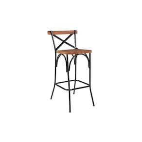 Banqueta Industrial em Aço e Madeira Maciça Laís Art & Luxo Preto/Castanho