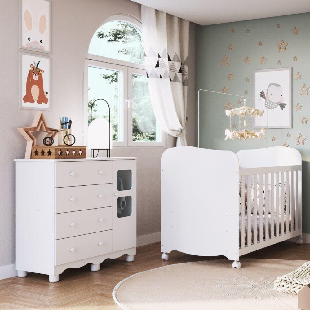 Quarto de Bebê Completo Berço Americano Cômoda 1 Porta 4 Gaveta com Janela Mimo Espresso Móveis Branco Brilho