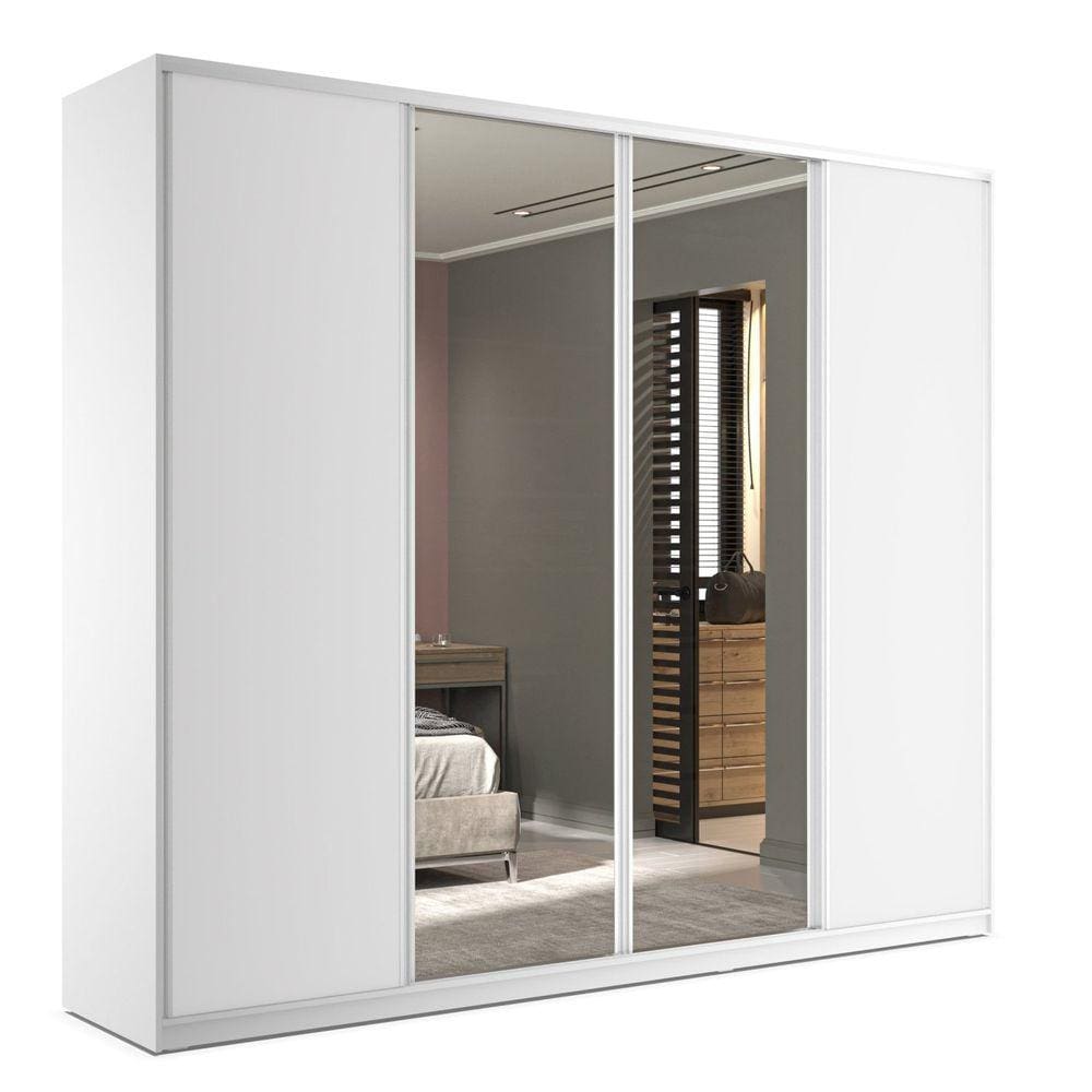 Guarda Roupa Casal com Espelho 4 Portas de Correr 6 Gavetas Zermatt RR Móveis Branco