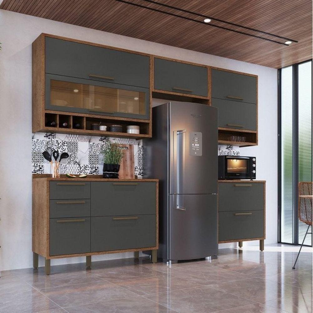 Armário de Cozinha Completo 5 Peças 100% MDF 8 Portas com Vidros Reflecta Helena Espresso Móveis Castanho/Cinza