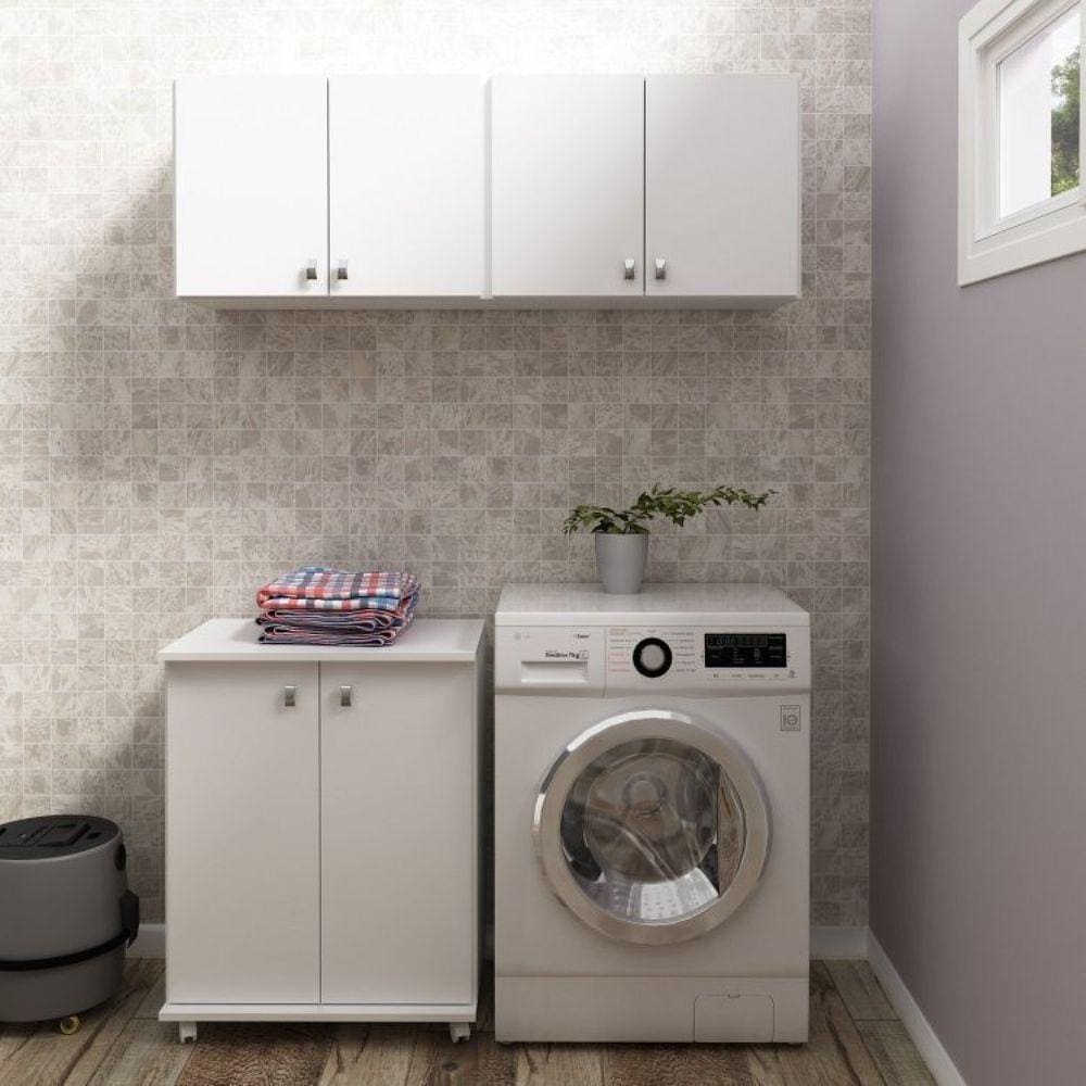 Conjunto Lavanderia Multiuso 3 Peças 1 Balcão BL3300 e 2 Armários Aéreos Alto AM3104 Tecno Mobili Branco