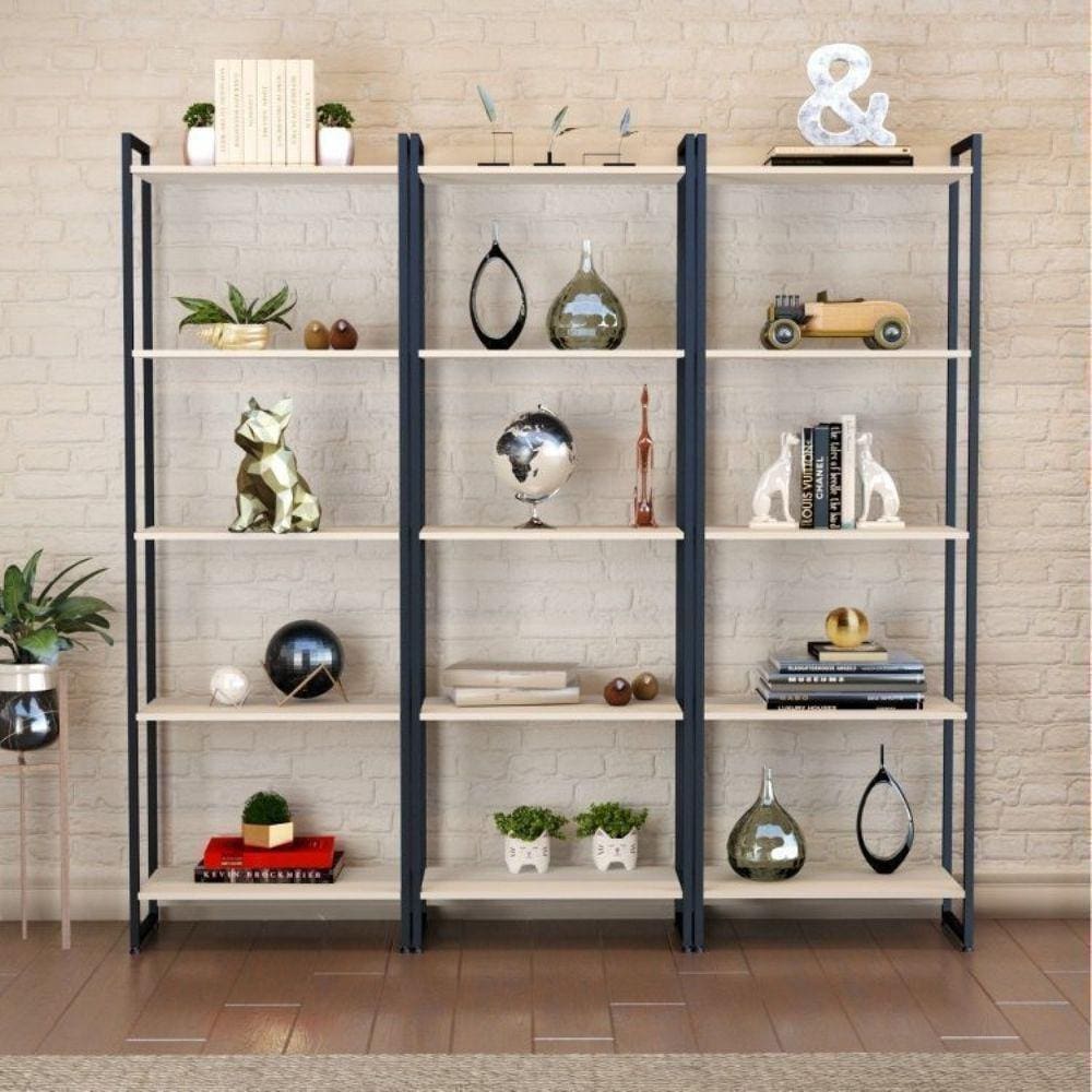 Conjunto 3 Estantes para Livros Industrial Aço Multiuso 15 Prateleiras Active Yescasa Snow