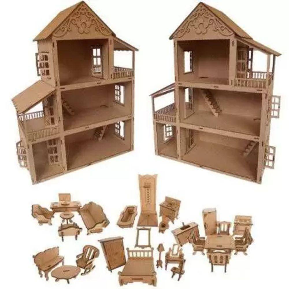 Casa Casinha de Boneca Com 27 Mini Moveis em Madeira MDF Cru - A Princesa Artesanatos