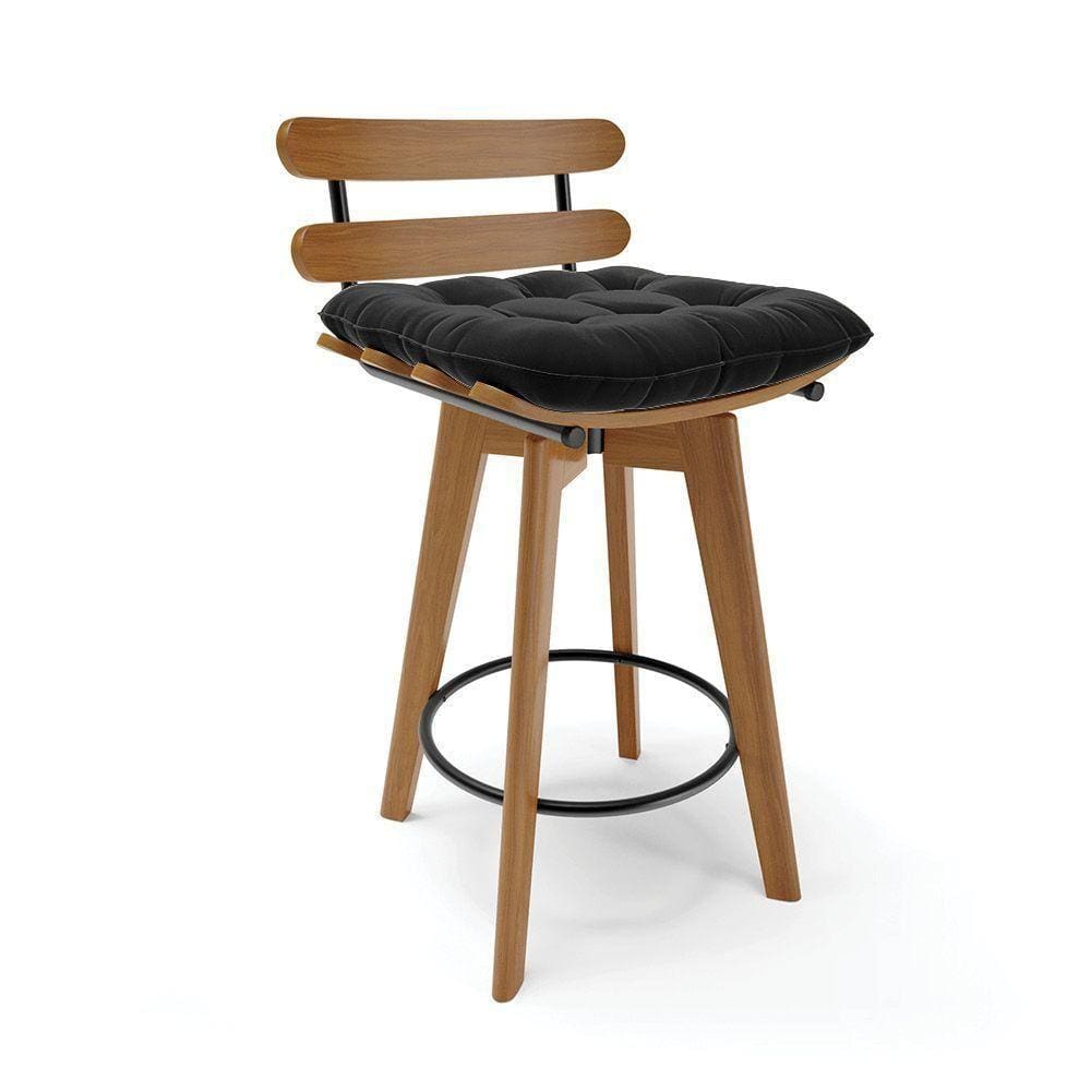 Banqueta Giratória Costela Suede Base Madeira Preto