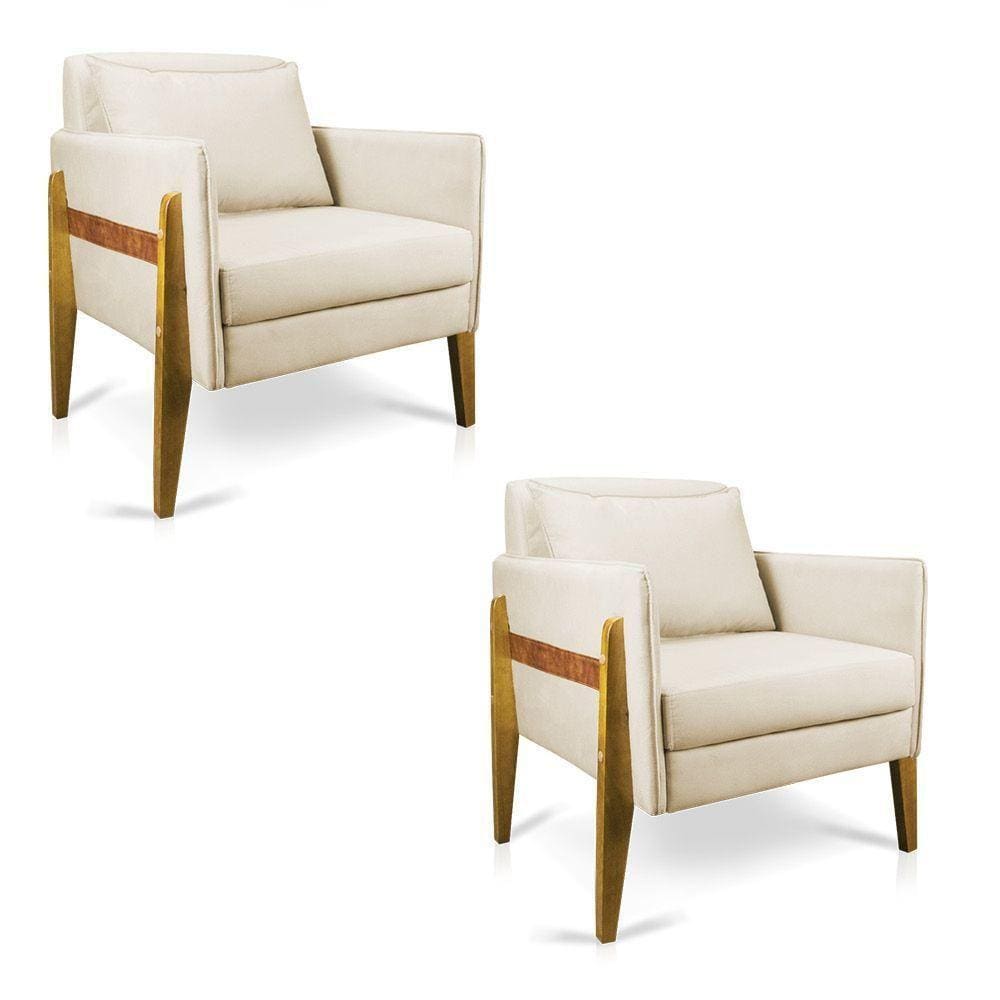 Kit 02 Poltronas Lana Suede Base De Madeira - D`Rossi Bege