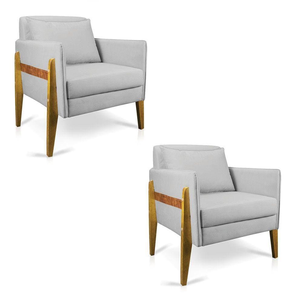 Kit 02 Poltronas Lana Suede Base De Madeira - D`Rossi Cinza