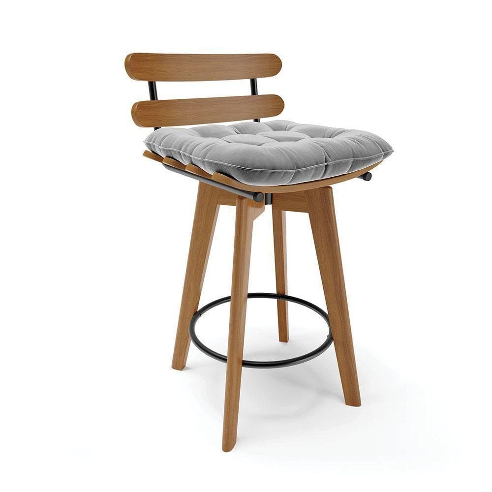 Banqueta Giratória Costela Suede Base Madeira Cinza