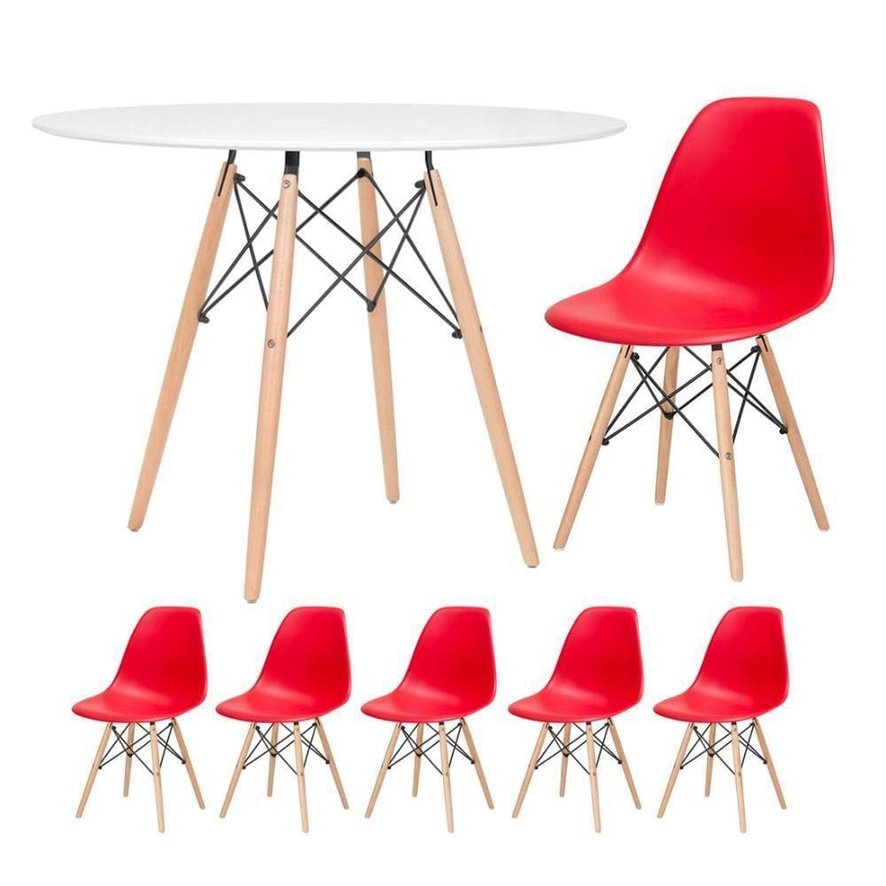 Mesa Redonda Eames 100cm Branco + 5 Cadeiras Vermelho