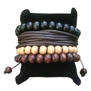 Pulseira Masculina Feminina Madeira E Cordas Kit 4 Peças
