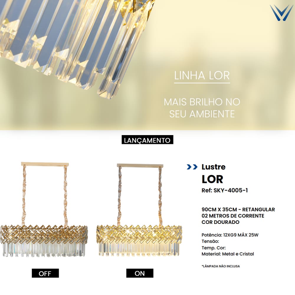 Lustre Pendente Lor Cristal Retangular 90X35cm Dourado