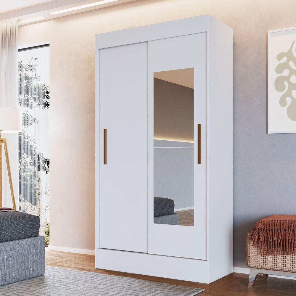 Guarda Roupa Solteiro 2 Portas de Correr 2 Gavetas 2 Espelhos 200x104cm Lyon Móveis Doripel Branco