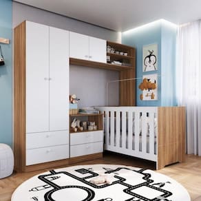 Quarto de Bebê Completo com Berço 3 em 1, Cômoda e Guarda Roupas Completa Móveis Nogal Manchester/Branco