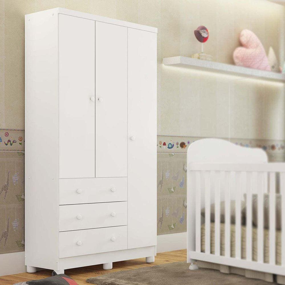 Guarda Roupa Infantil 3 Portas 3 Gavetas 100% MDF Júnior Móveis Peroba Branco Brilho
