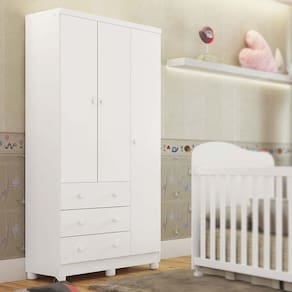 Guarda Roupa Infantil 3 Portas 3 Gavetas 100% MDF Júnior Móveis Peroba Branco Brilho