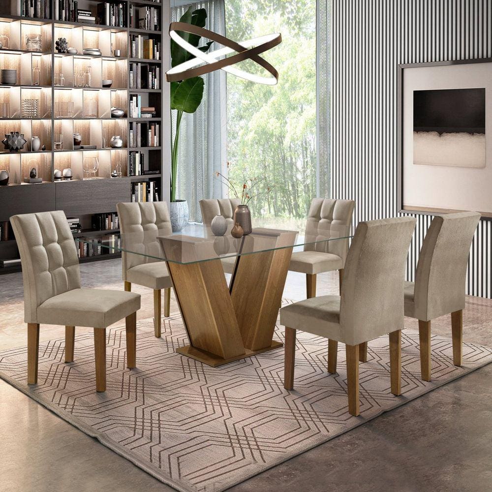 Conjunto Sala de Jantar Mesa Classic Tampo de Vidro 6 Cadeiras Vitória Cel Móveis Ypê/Pena 84