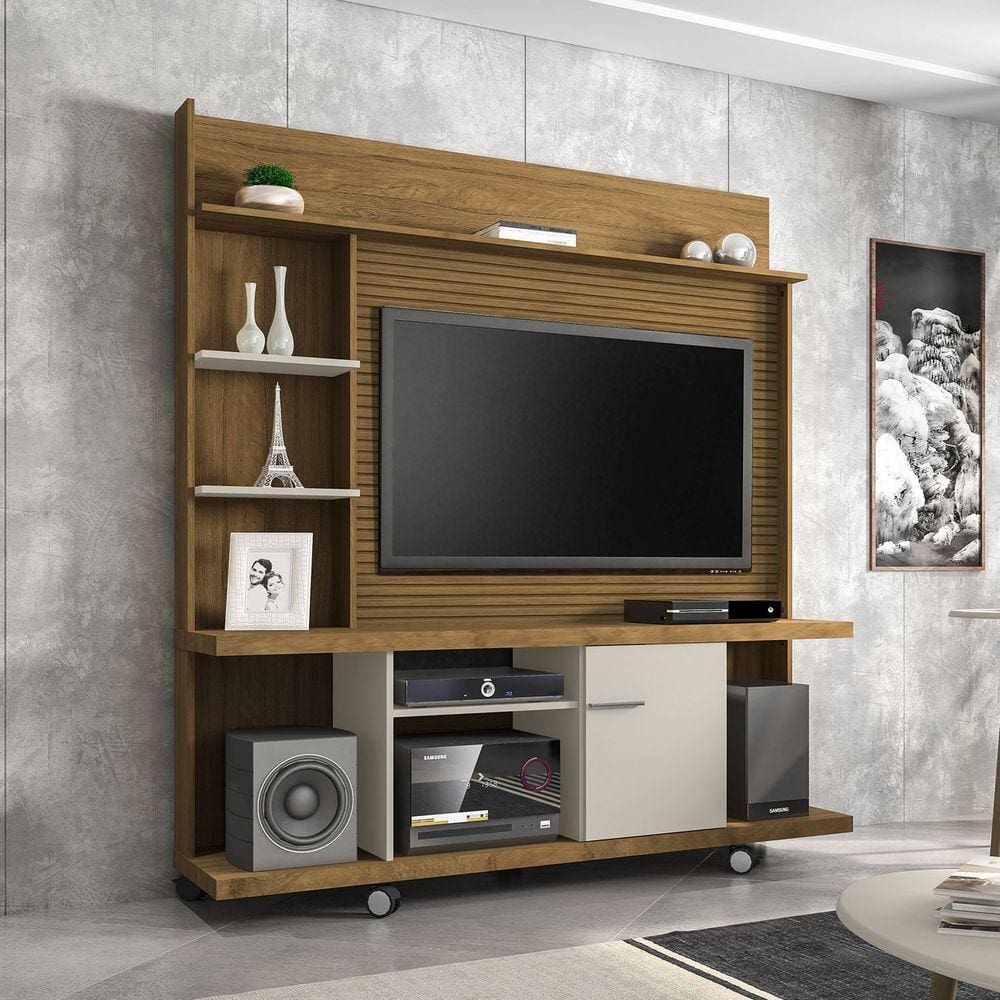 Estante Home para TV até 47 Polegadas 1 Porta Basculante Taurus Móveis Bechara Cinamomo/Off White/Ripado
