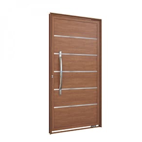 Porta de Alumínio Pivotante Lambri 215x105cm Madeirada com Friso e Puxados de Alumínio Lucasa Alumínios Madeira