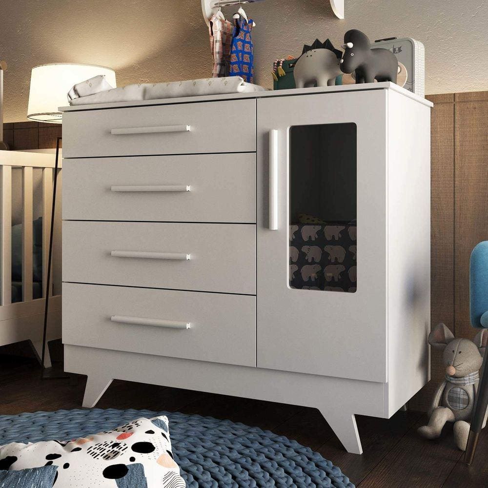 Cômoda de Bebê 1 Porta Detalhe em Acrílico 4 Gavetas Retrô Móveis Peroba Branco