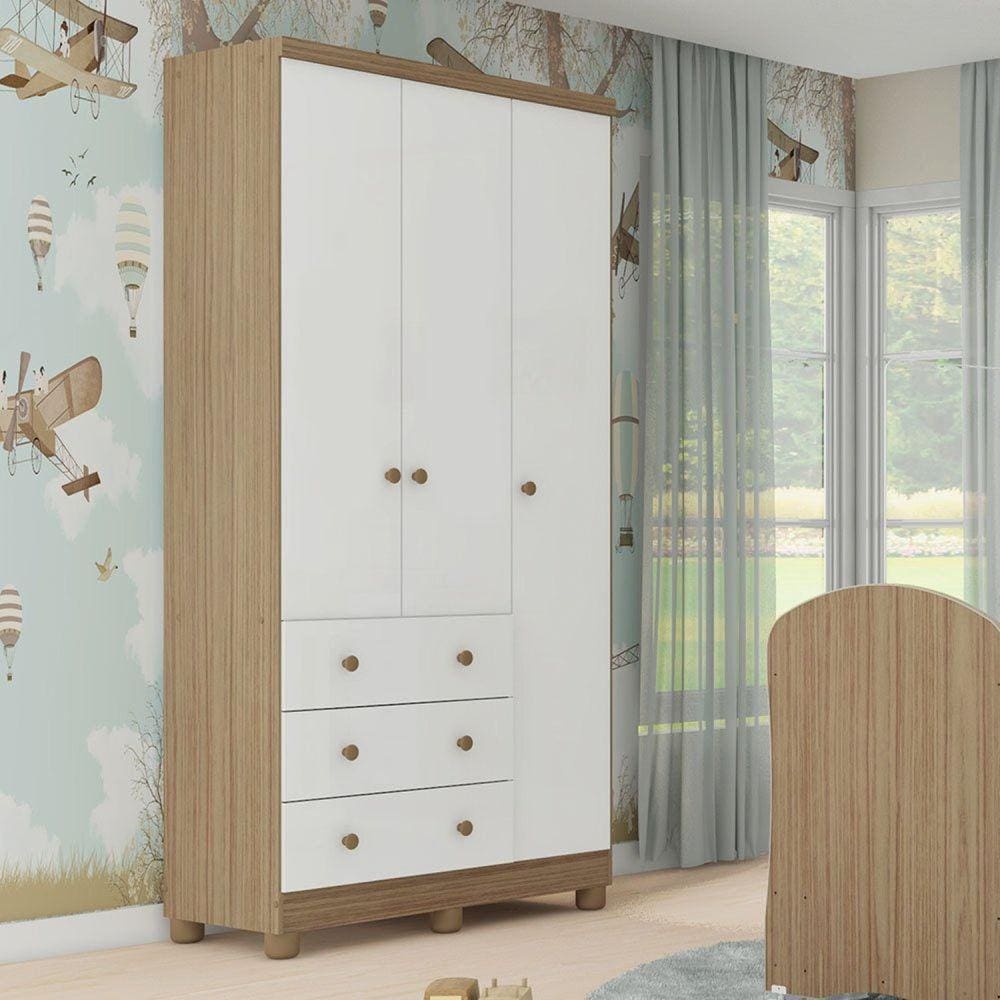 Guarda Roupa Infantil 3 Portas 3 Gavetas 100% MDF Júnior Móveis Peroba Branco Brilho/Carvalho