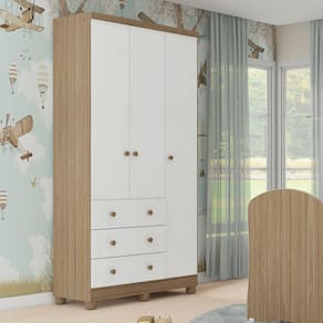 Guarda Roupa Infantil 3 Portas 3 Gavetas 100% MDF Júnior Móveis Peroba Branco Brilho/Carvalho