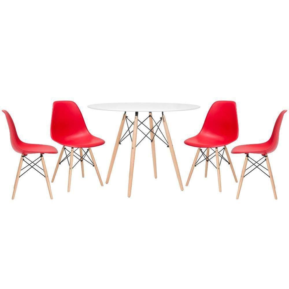 Mesa Redonda Eames 100cm Branco + 4 Cadeiras Vermelho