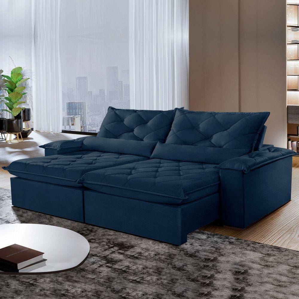 Sofá Retrátil e Reclinável 5 Lugares 280cm Diamond Super Pillow Montano Estofados Veludo Marinho