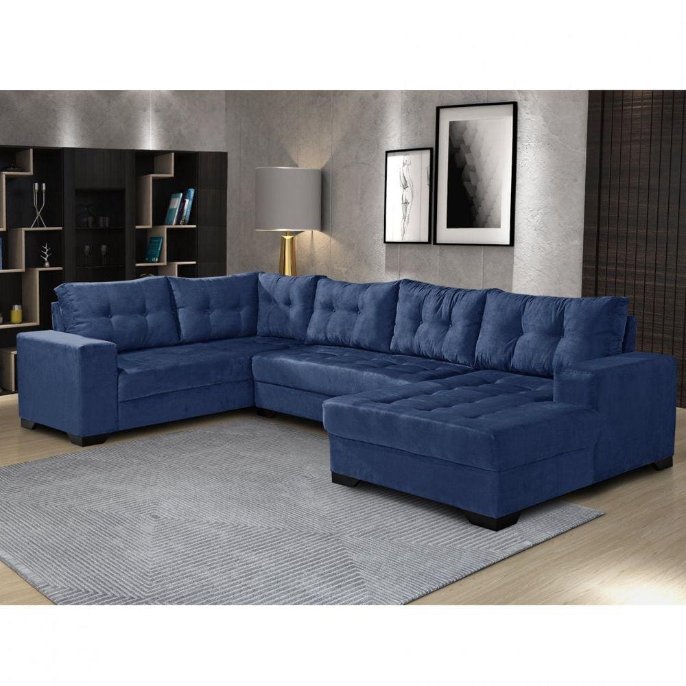 Sofá de Canto 6 Lugares com Chaise Bia Império Estofados Azul Marinho