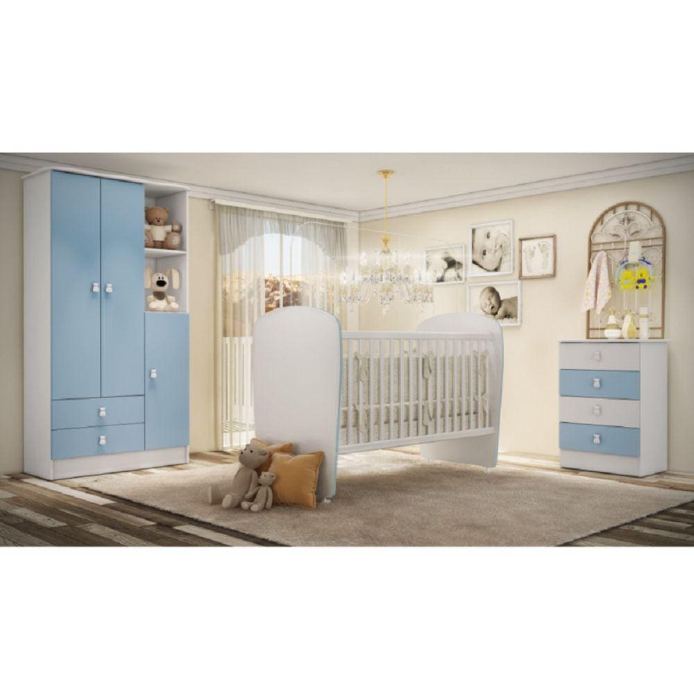 Quarto de Bebê Completo com 1 Berço 1 Cômoda 1 Guarda Roupa Arco-Íris Móveis Percasa Branco/Azul