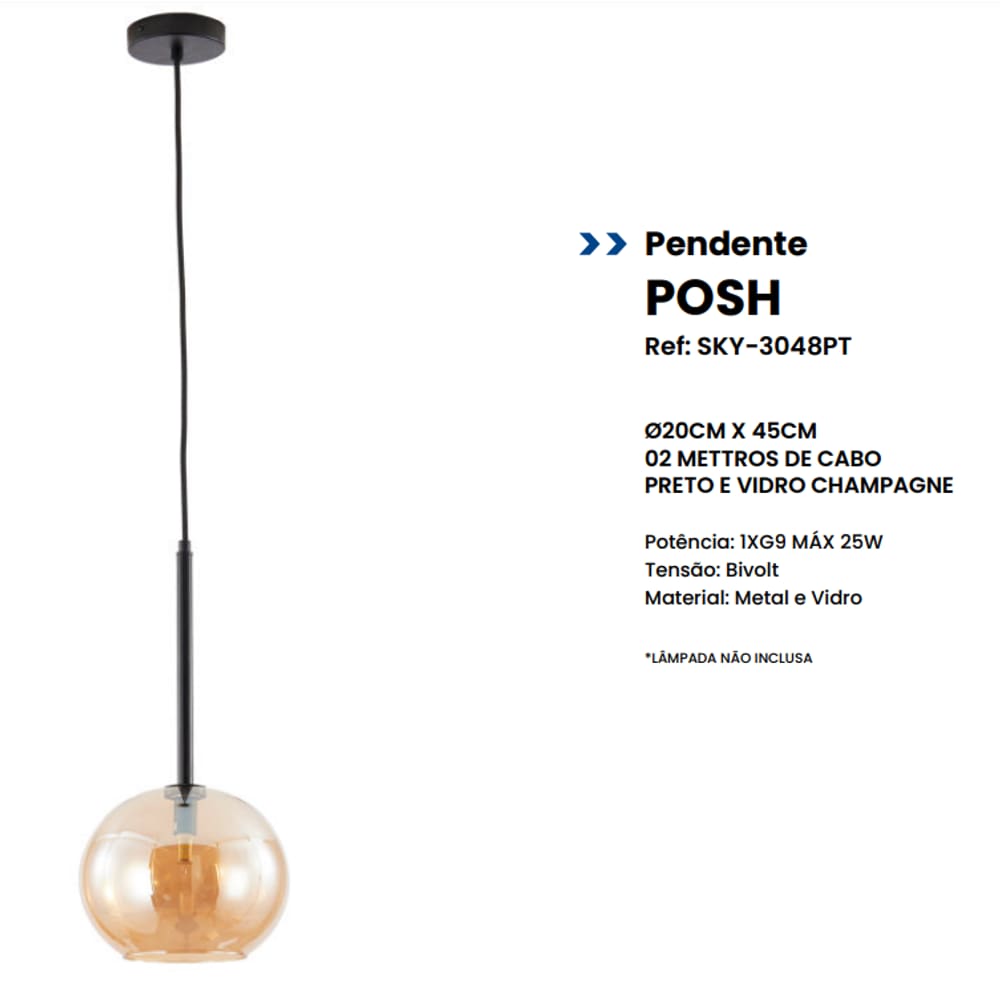 Pendente Posh Ø20cmx45 - Metal Preto E Vidro Transparente
