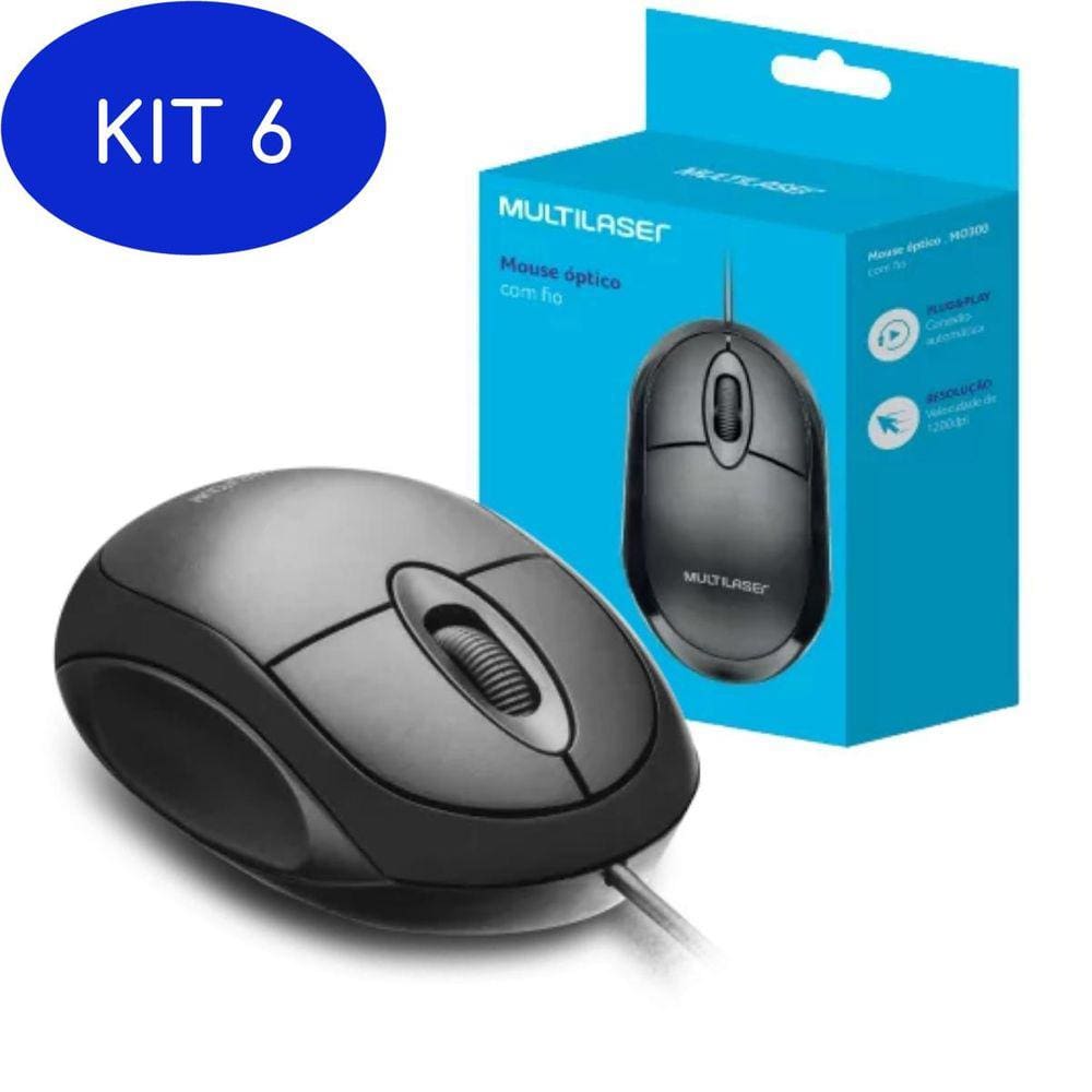 Kit 6 Mouse Óptico Classic Box Usb 1200Dpi Cabo 1M Mo300