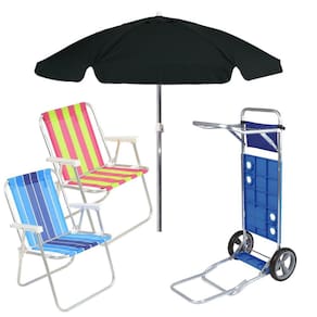 Kit Praia 2 Cadeira Alta Guarda Sol 2m Bagum Preto Carrinho De Praia Com Avanço - Belfix