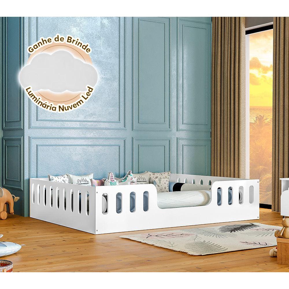 Cama Casal Montessoriana Helo Branco Acompanha Luminária Led