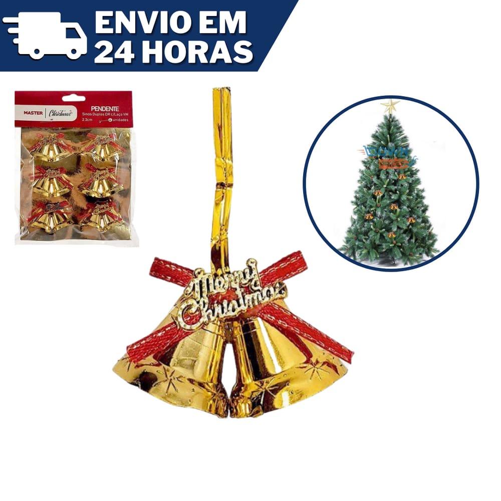 Enfeite Natal Sino Merry Christmas com laço 6 unidades Dourado