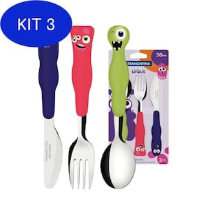 Kit 3 Jogo De Talheres Infantil Tramontina Colorido 3 Pcs Inox Lirous Monstrinhos
