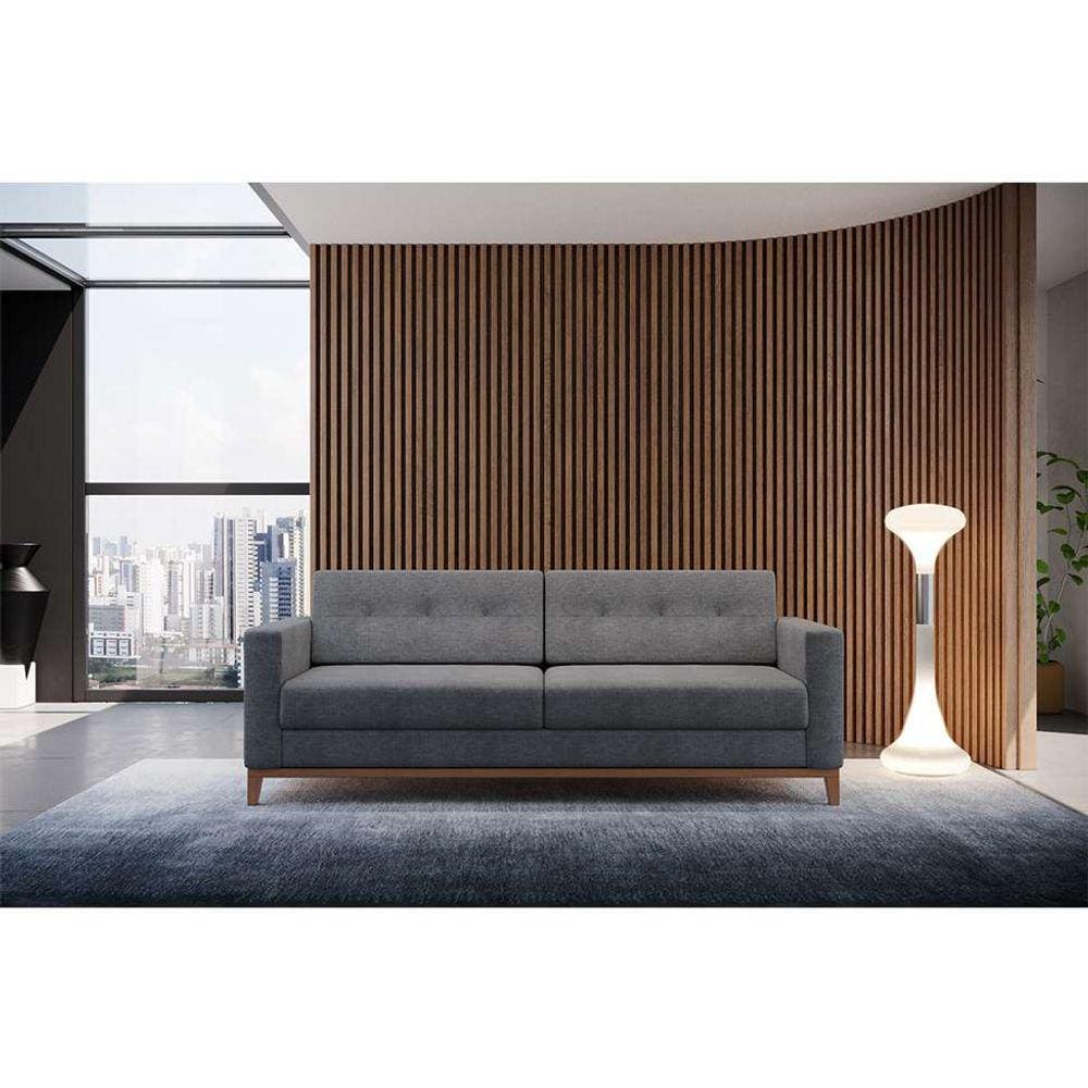 sofá 3 lugares living pés e base em madeira linho cotton cinza 180 cm