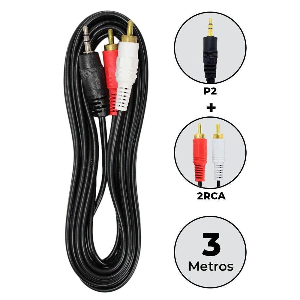 Cabo Auxiliar P2 Macho Para 2 Rca Macho 3M Som Estéreo Audio