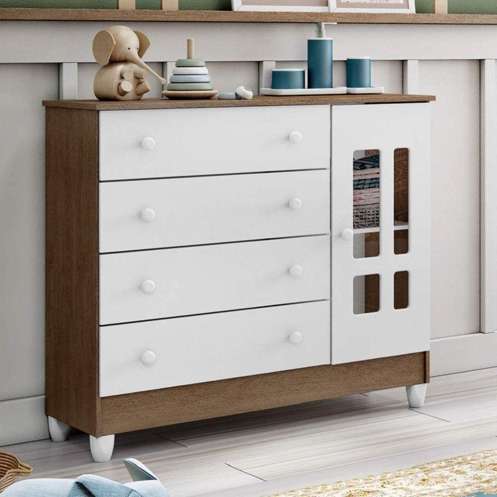 Cômoda Infantil 1 Porta 4 Gavetas Ariel Carolina Baby Amadeirado Rústico