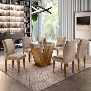 Conjunto Sala de Jantar Mesa 6 Cadeiras Classic 160cm Cel Móveis Ypê/ Suede Pena 84