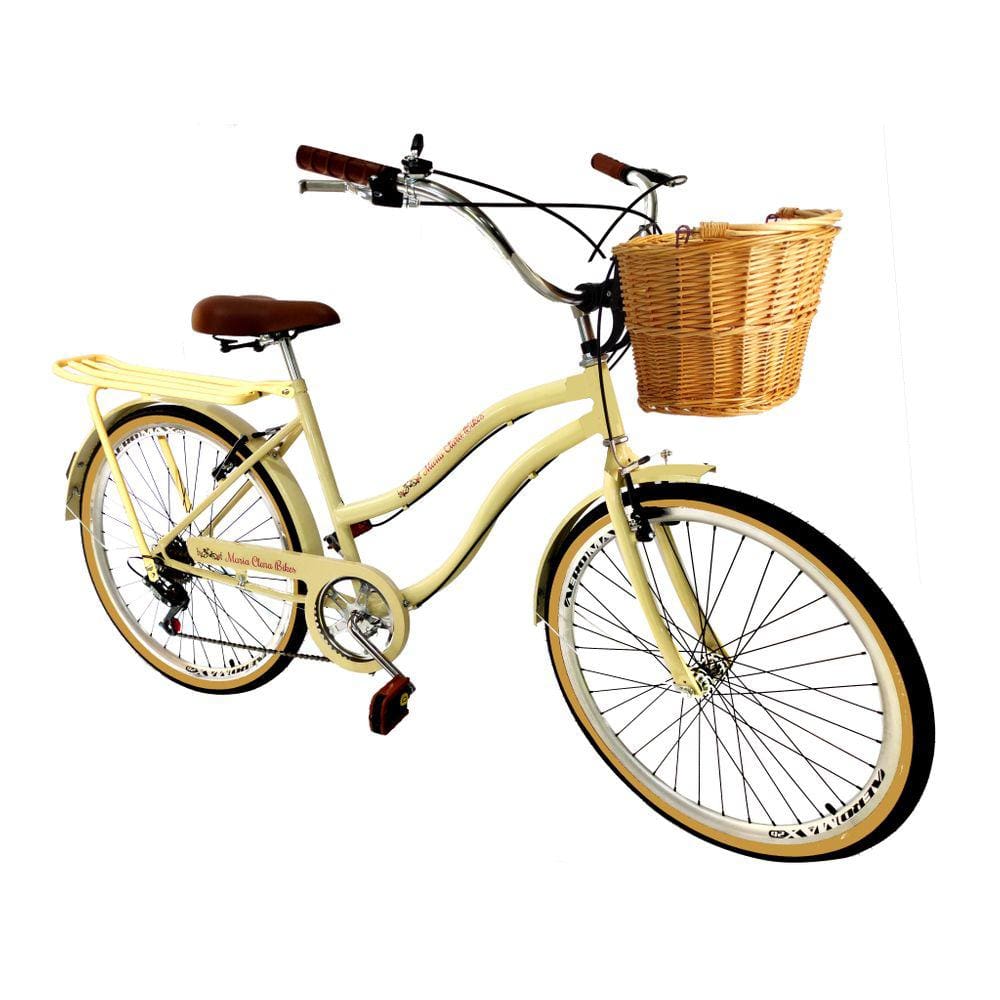 Bicicleta aro 26 retro 6v com cesta de vime bagageiro Bege