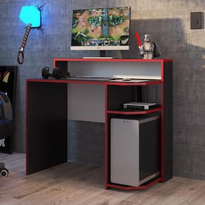 Mesa Escrivaninha Gamer Organizadora Nicho Para Computador PC 4 Prateleiras Power Preto Vermelho