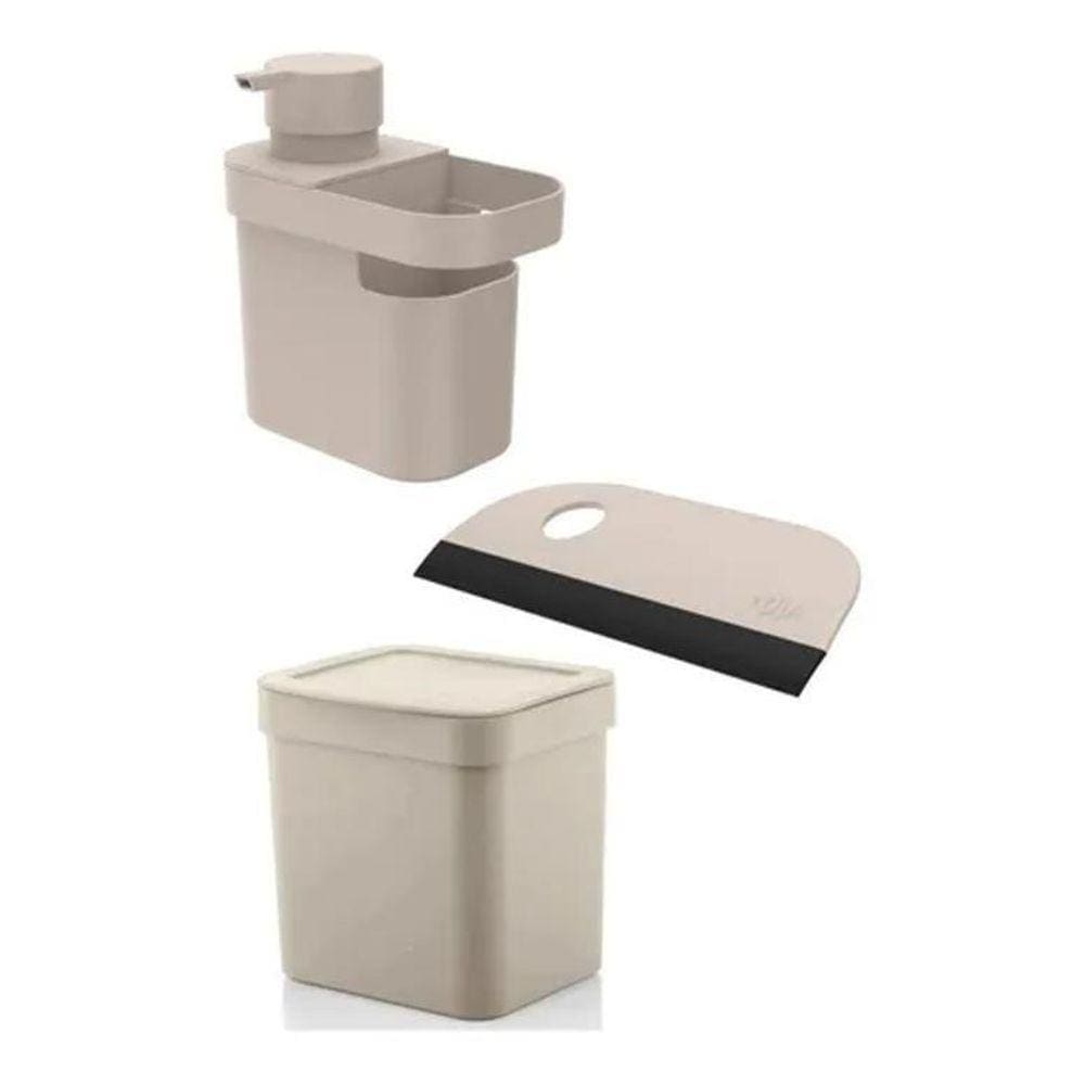 Lixeira 4,7L + Porta Detergente Esponja Pia + Rodinho De Pia